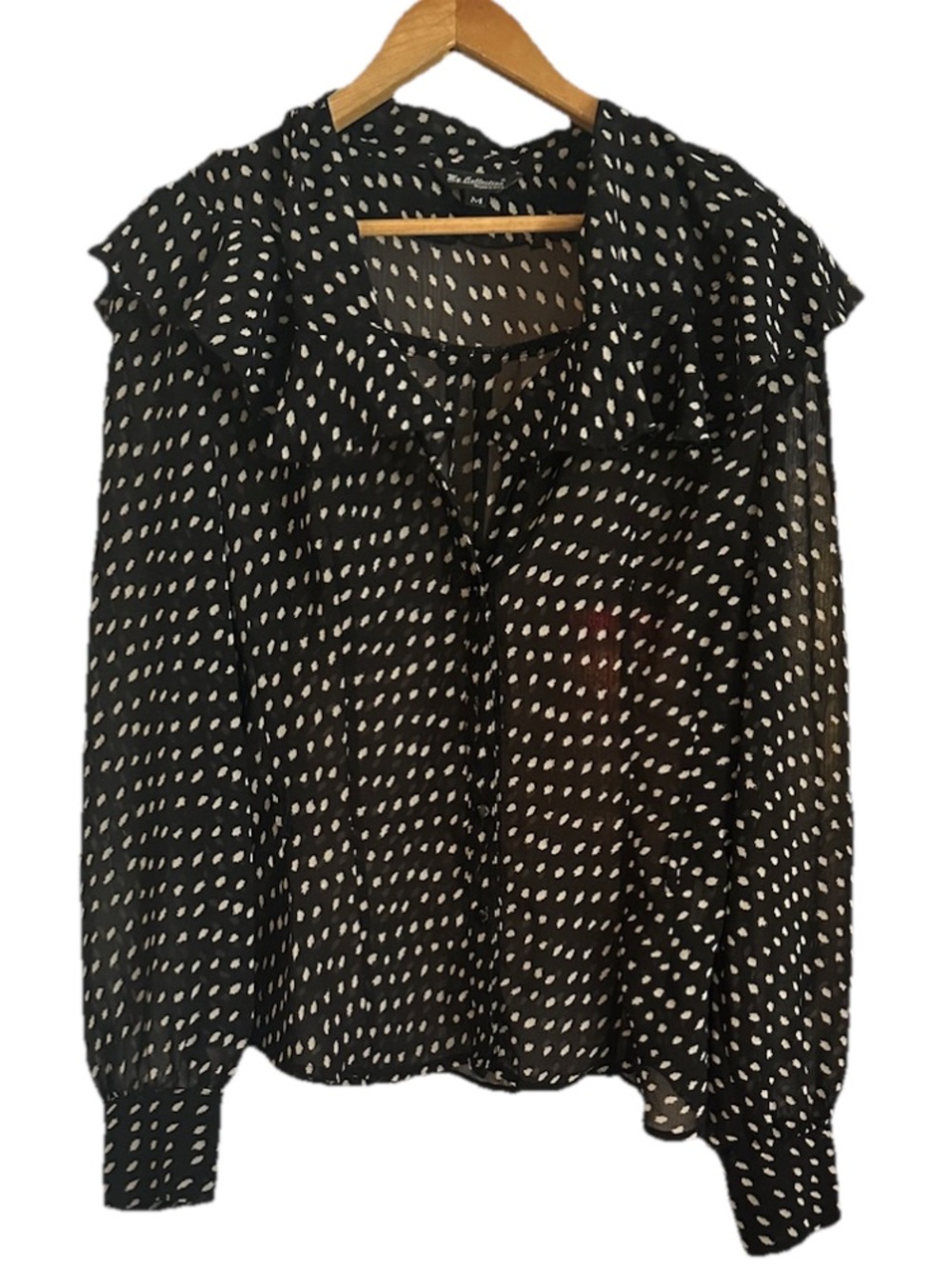 JM Collection Black Blouse with White Dot Print and Ruffle Detail